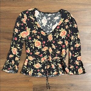Zara Floral Blouse in Black and Pink with Tie Front